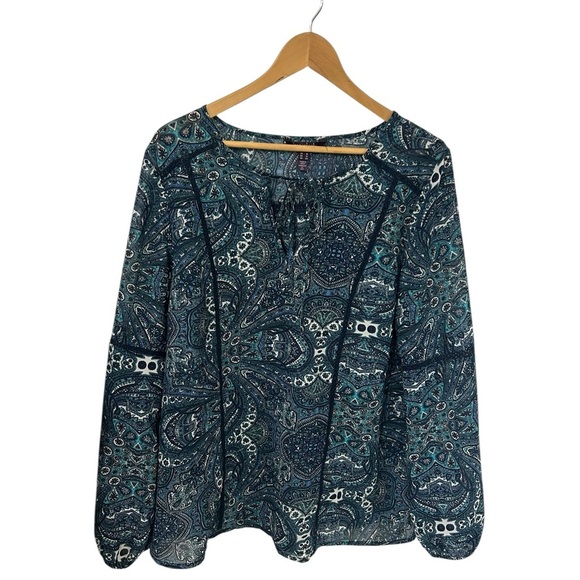 Long Tall Sally Navy Blue Pattern Sheer Tunic Bohemian Top Size 12 LTS - Picture 13 of 13